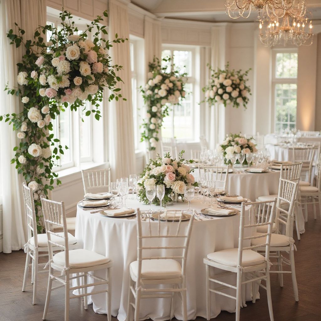 Elegant wedding reception setup with floral decorations