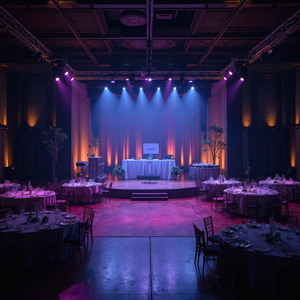 Corporate event setup with modern staging and lighting