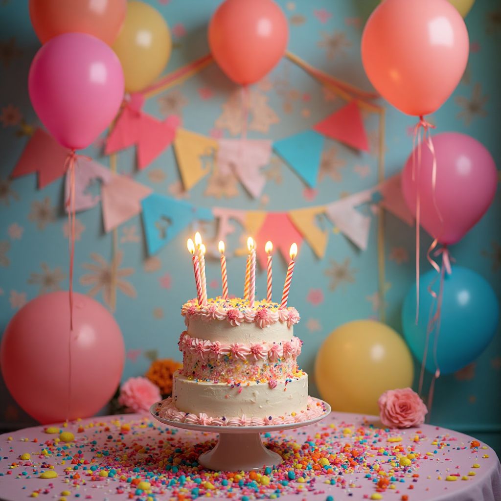 Colorful birthday party decoration with balloons and cake