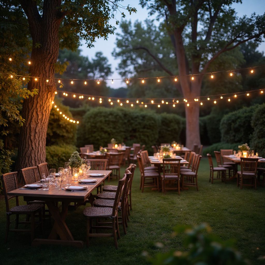 Outdoor garden party setup with string lights