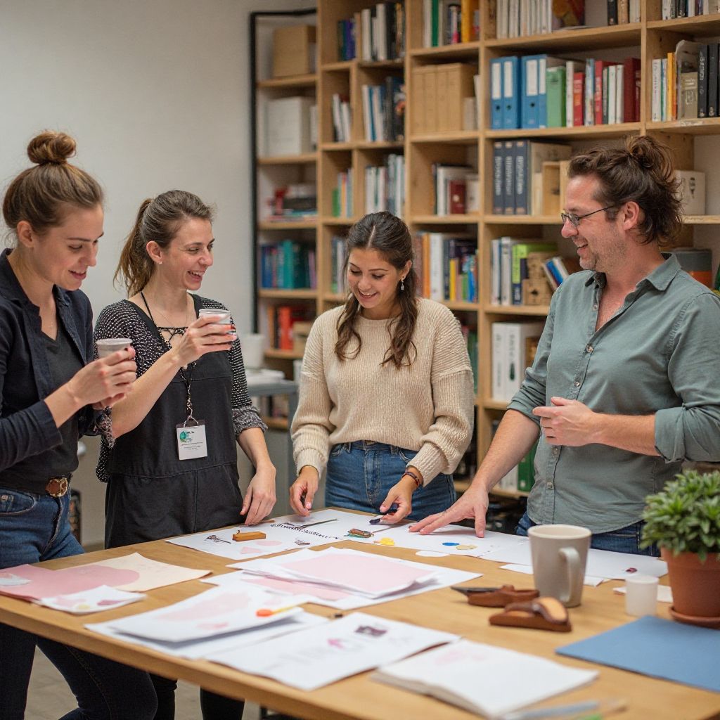 Team planning session with event materials and decorations